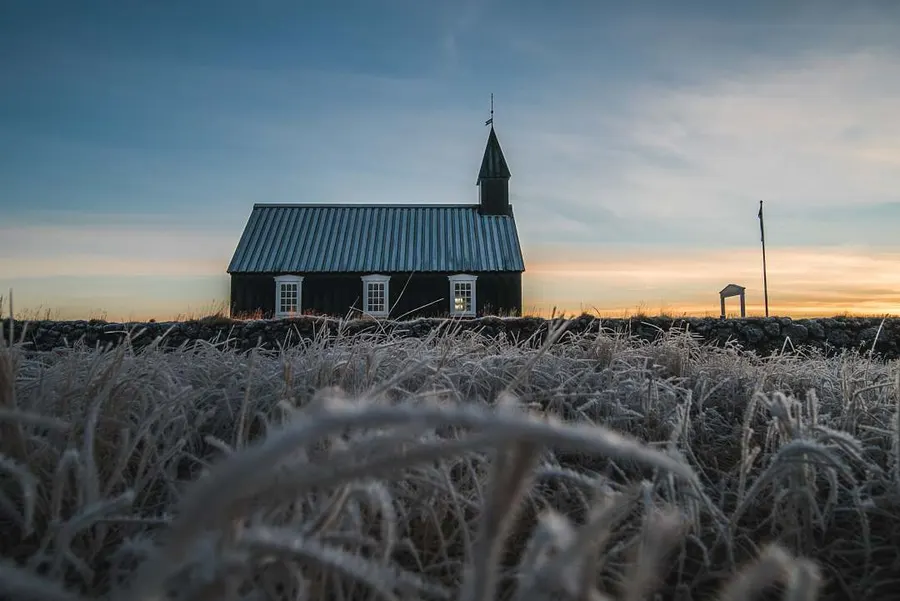 Búðakirkja black church at sunrise in Iceland