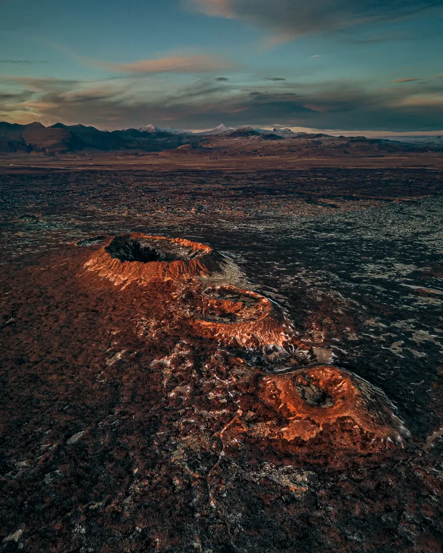 Aerial view of Eldborg volcanic crater, western Iceland
